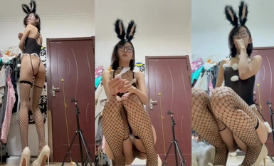 【Xingjian】Fish stockings bunny girl + black and white double silk vibrator masturbation_1