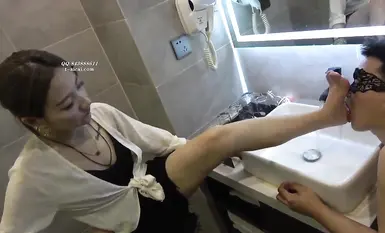 Bathroom trample training male slave