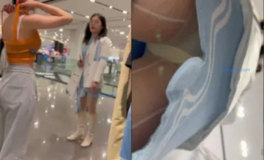 KFC原創CD 白色騷絲襪眼鏡妹藍色內半裙低角度超近距離偷拍這角度太絕了超清4K