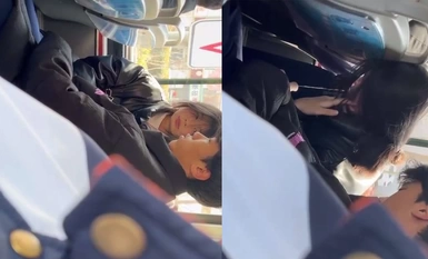 山東瀟坊學生情侶毀三觀公車上激情口爆還隨地亂吐精