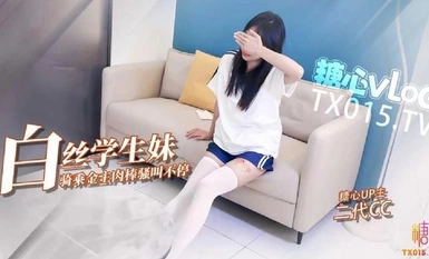 The second generation CC school girl with tender feet and white stockings has riding skills, pure and affectionate sucking on a hard cock, topless, fucked in the hole, squeezed and ejaculated, pouring on the bitch