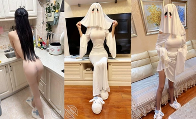 海角社區綠帽大神【寢取NTR（會噴水的親姐姐）】萬聖節夜老婆扮幽靈娘主動求操，找個大屌單男猛操出水量驚人